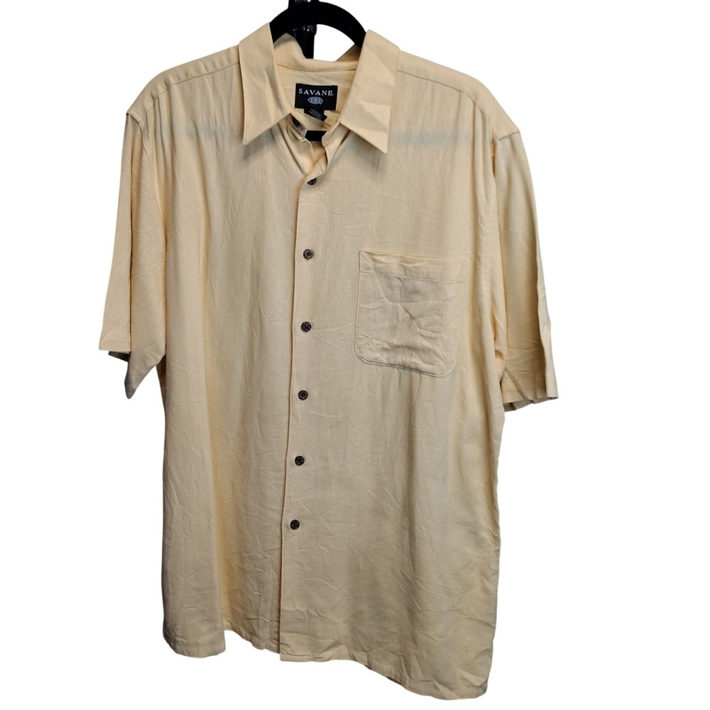 Savane Mens Medium Yellow Linen Blend Short Sleeve Button Up Camp Shirt Pocket